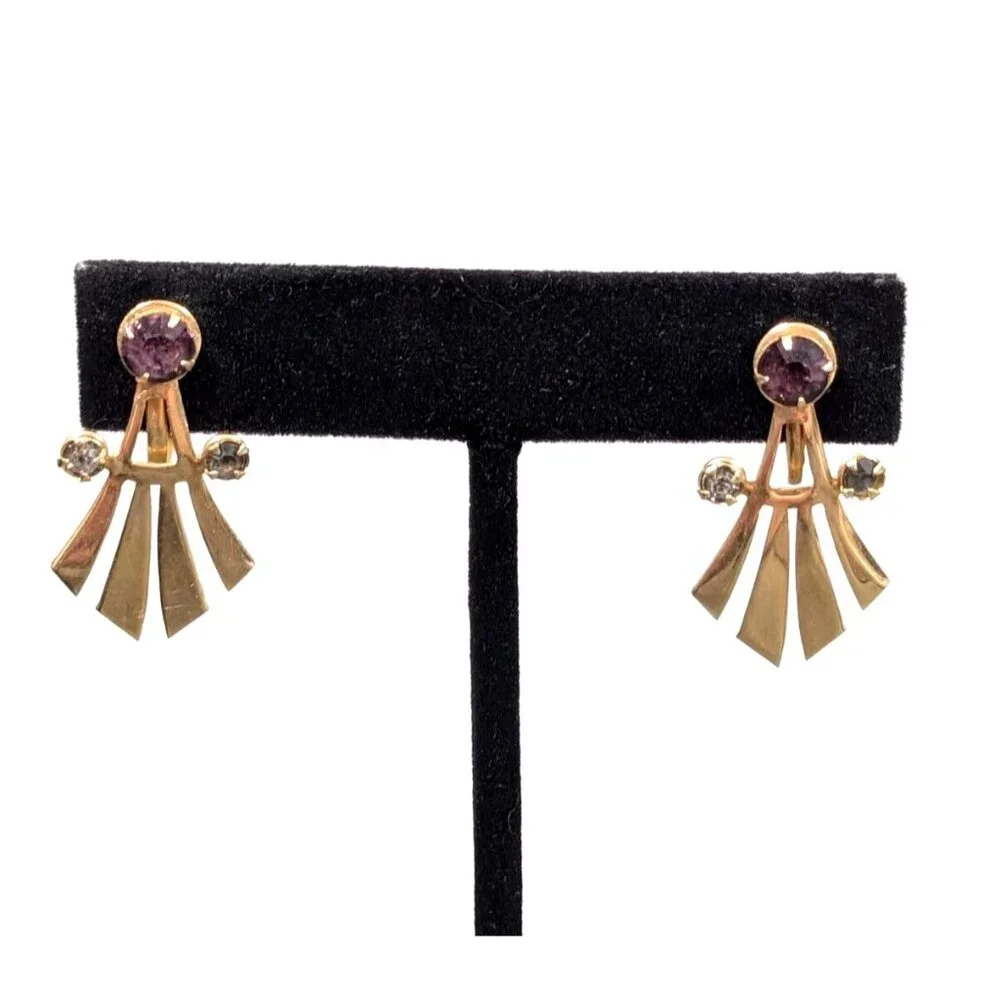 Vintage‎ Gold Tone Art Deco Fan Purple Smokey Rhinestone Screw Back Earrings